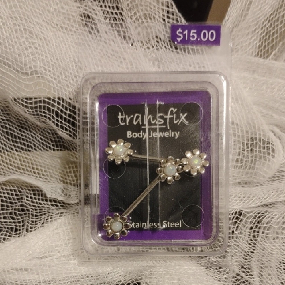 Transfix Stainless Steel Body Jewelry with White flower Accents